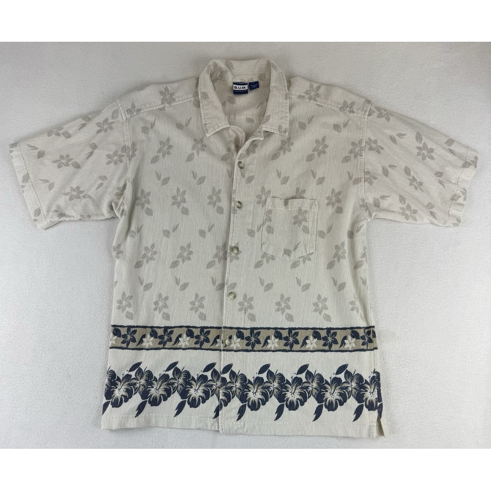VTG B.U.M Equipment Men's Size L Hawaiian Button Down Shirt Floral Ribbed Cotton